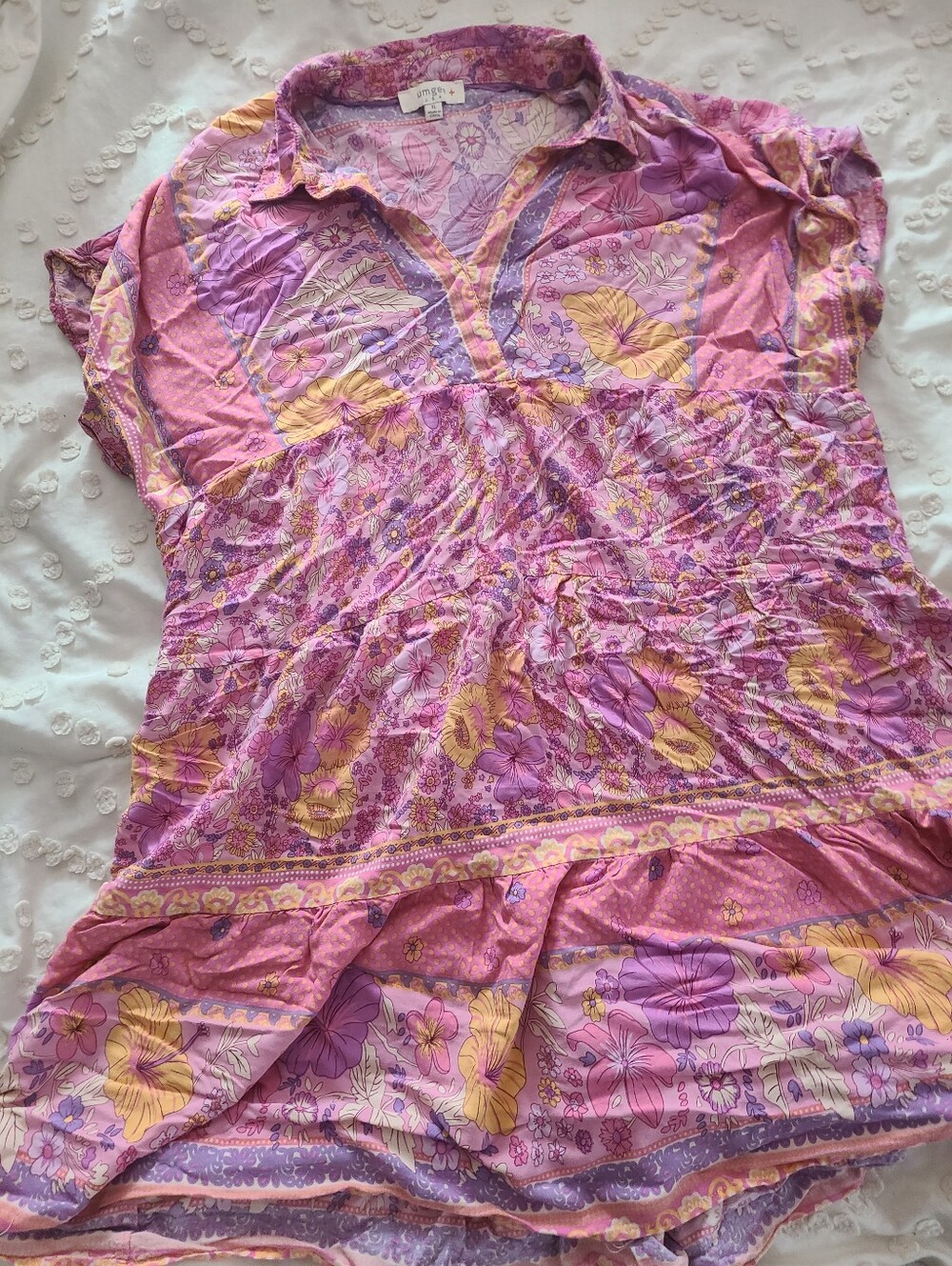 Umgee Pink Floral Boho Collared Swing Dress Mixed Border Print Tiered Dress - Picture 3 of 6